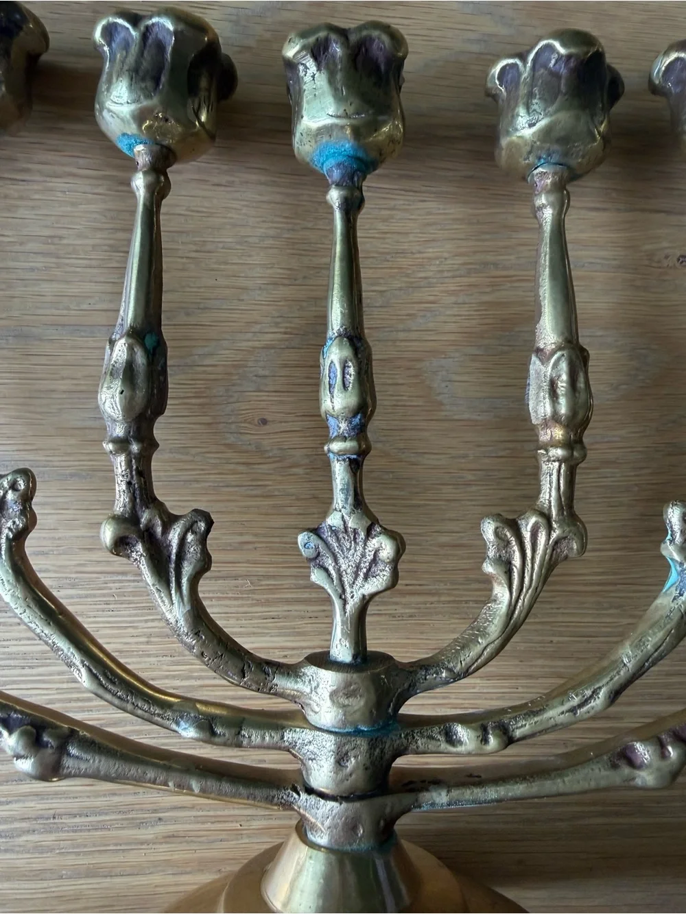 Vintage Brass Menorah 7 Swivel Arms Korea Gold 1960s 9” Tall Buds Floral